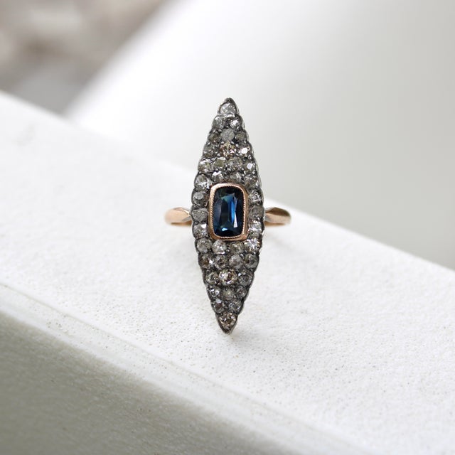 Metal 19th Century 14k Gold Early Victorian Navette Ring With Pave Diamonds and Central Sapphire, Size 8.25 For Sale - Image 7 of 8