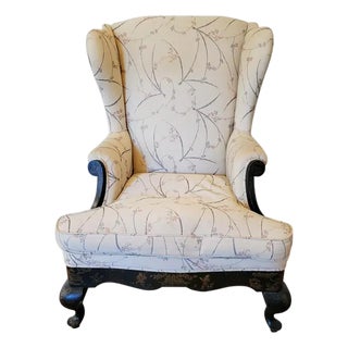 Antique Black Japanned & Gilt Chinoiserie Queen Anne Revival Wingback Chair, Circa 1900 For Sale