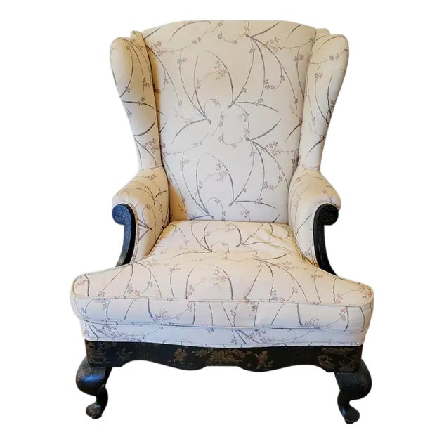 Antique Black Japanned & Gilt Chinoiserie Queen Anne Revival Wingback Chair, Circa 1900 For Sale