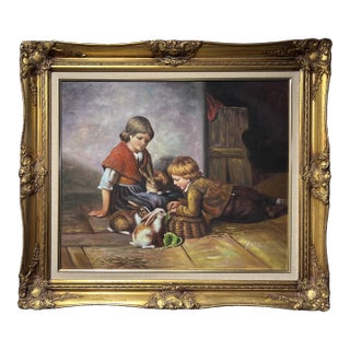 G.Wilson Vintage Oil Painting on Canvas, Children Playing With Rabbit, Framed For Sale