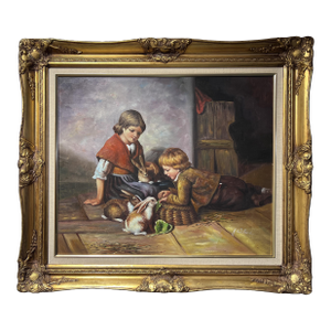 G.Wilson Vintage Oil Painting on Canvas, Children Playing With Rabbit, Framed