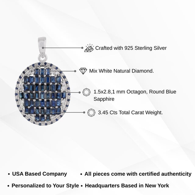 Art Deco Baguette Cut Blue Sapphire & Diamond Mosaic Statement Pendant | 3.45 TCW For Sale - Image 10 of 13