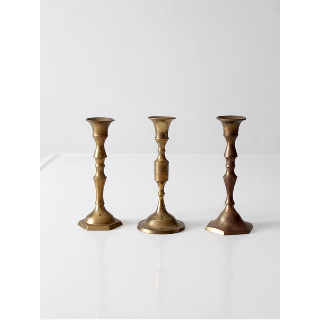 Mid-Century Modern Vintage Brass Candlesticks Set of 3 For Sale - Image 3 of 11