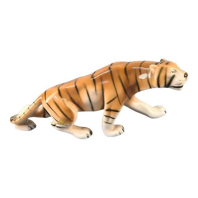 Vintage 1980s Porcelain Tiger Figurine Royal Dux Fully Marked For Sale