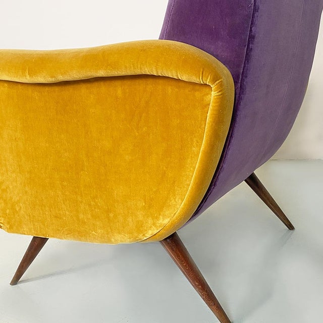 Mid-Century Italian Purple and Yellow Armchair with Wood Conical Legs, 1960s For Sale - Image 12 of 14