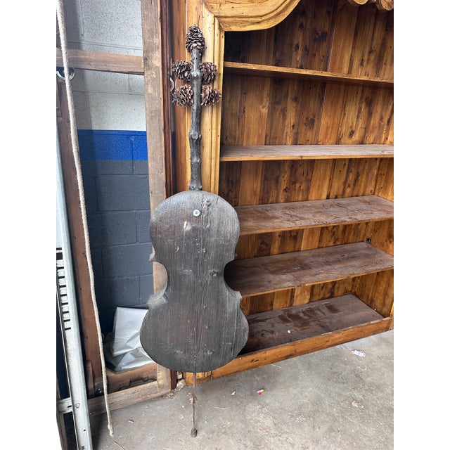 Brown Large 67" Hand-Carved Wooden Cello Sculpture With Pinecone Tuning Pegs – Folk Art For Sale - Image 8 of 16