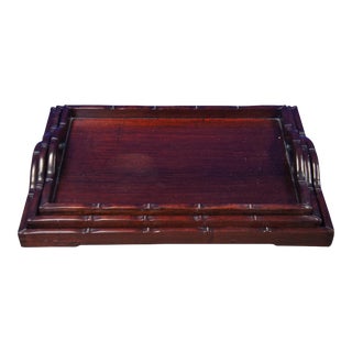 Mid-Century Rosewood Faux Bamboo Graduated Nesting Serving Bar Trays- Set of 3 For Sale