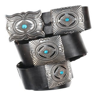 Ernest Roy Begay Navajo Heavy Stamped Sterling and Turquoise Concho Belt For Sale