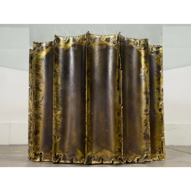 Mid-Century Modern Brutalist Cocktail Table After Tom Greene - Vintage Torch Cut Brass Round Coffee Table For Sale - Image 3 of 8