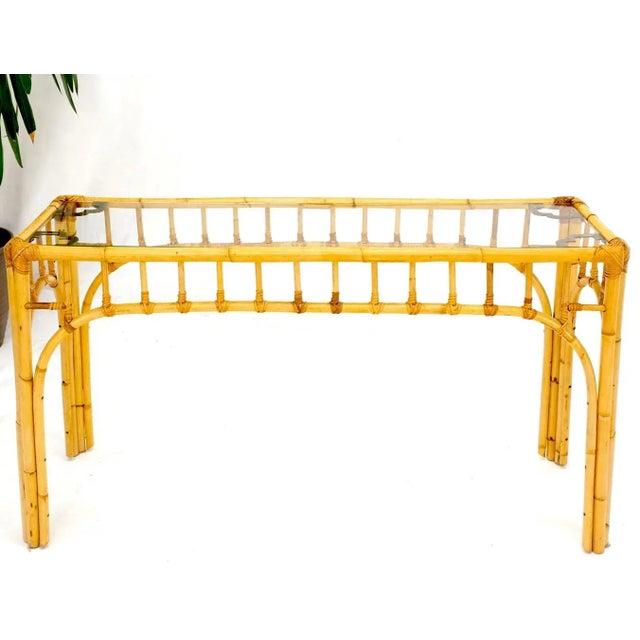 Yellow Bamboo Frame Glass Top Console Table w/ Figurative Brass Supports For Sale - Image 8 of 13