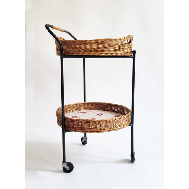 Mid-Century Modern Rattan and Lacquered Iron Bar Trolley, Austria, 1950s For Sale - Image 3 of 14