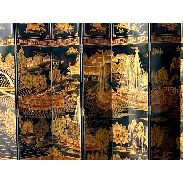 Chinoiserie Vintage Asian 8 Panel Coromandel Screen For Sale - Image 3 of 12