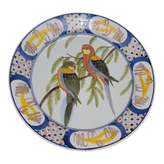 C1890 French Faience Delftware Polychrome Charger With Parrot Motif Tin Glazed Earthenware Shallow Bowl Wall Decor Plate For Sale