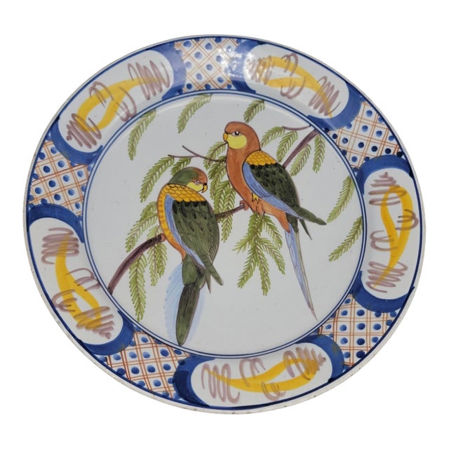 C1890 French Faience Delftware Polychrome Charger With Parrot Motif Tin Glazed Earthenware Shallow Bowl Wall Decor Plate For Sale