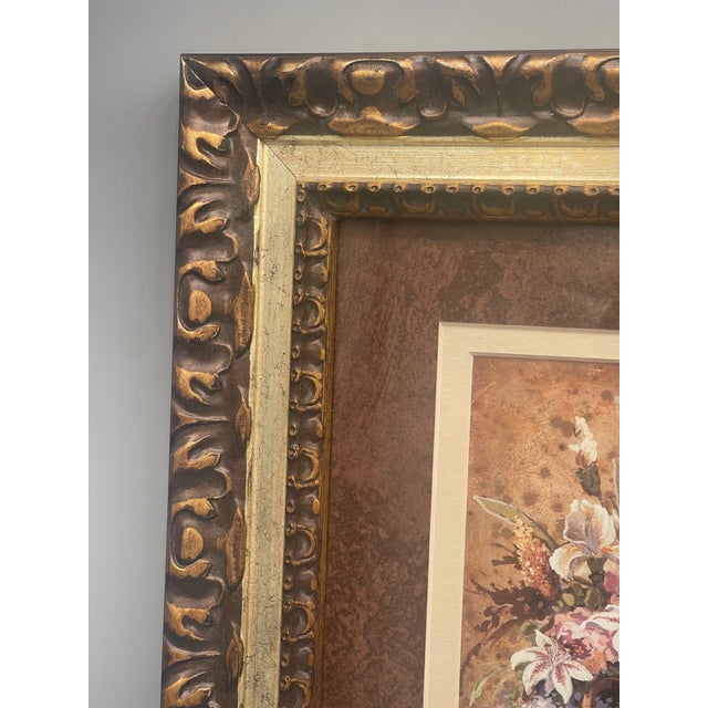 Traditional Late 20th Century Framed Floral Still Life Reproduction Print in Ornate Bronze and Gold Frame For Sale - Image 3 of 4