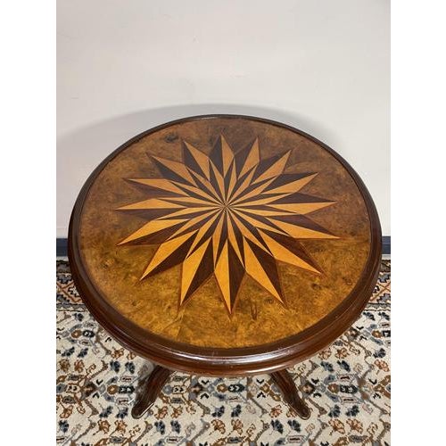 Victorian Style Carved Round Centre Table with Starburst Inlay Top For Sale - Image 5 of 6