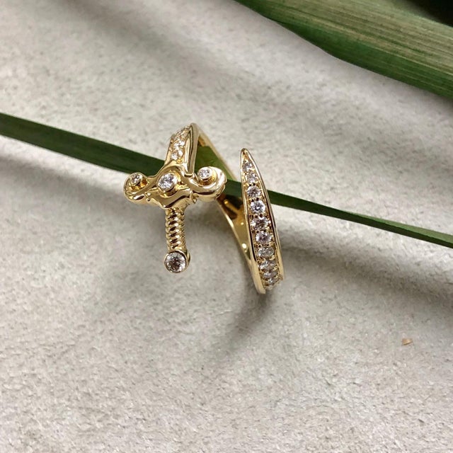 Syna Yellow Gold Sword Ring with Bright Diamonds For Sale - Image 4 of 10