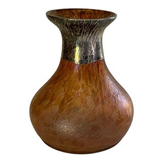 Loetz Attributed / Style Antique Iridescent Amber Spatter Art Glass 5" Cabinet Vase Silver Overlay Rim Made in Austria 1900s For Sale