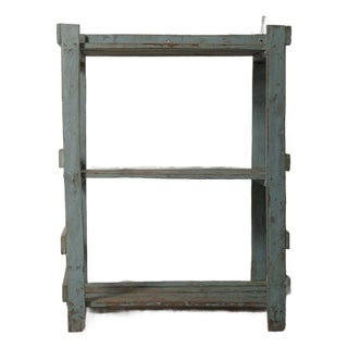 Weathered Blue Wooden Shelf With Open Framework For Sale
