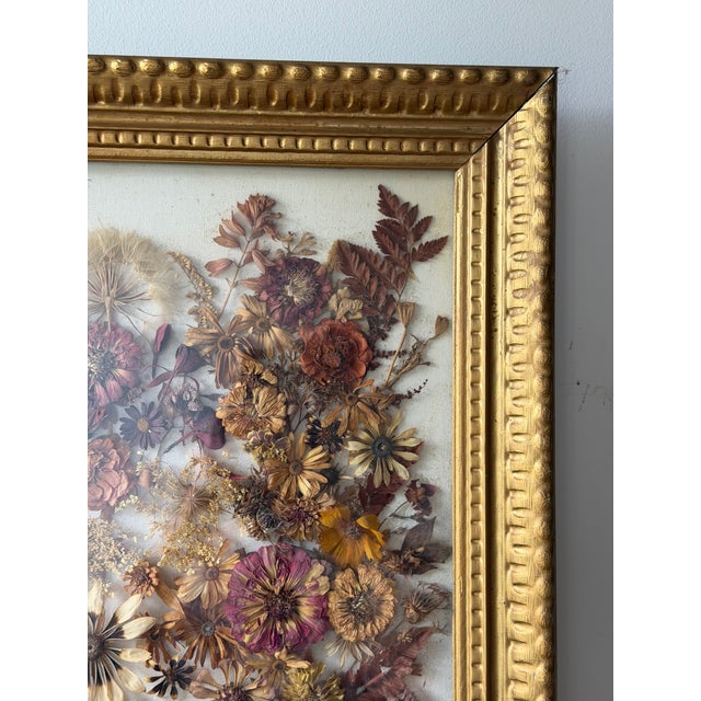 Vintage 1976 Pressed Dried Flower Art, Framed Botanical Collage, Gilt Frame For Sale - Image 11 of 13