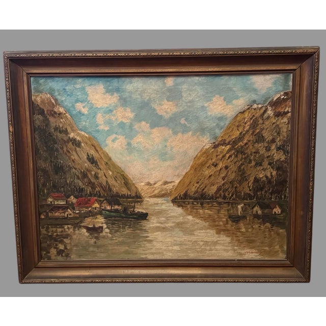 Antique Norwegian Seascape Village Oil Painting on Canvas H Lichtenberger For Sale - Image 11 of 11