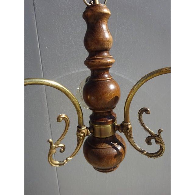 Wood, Bronze and Glass Three-Light Chandelier, 1980s For Sale - Image 9 of 13