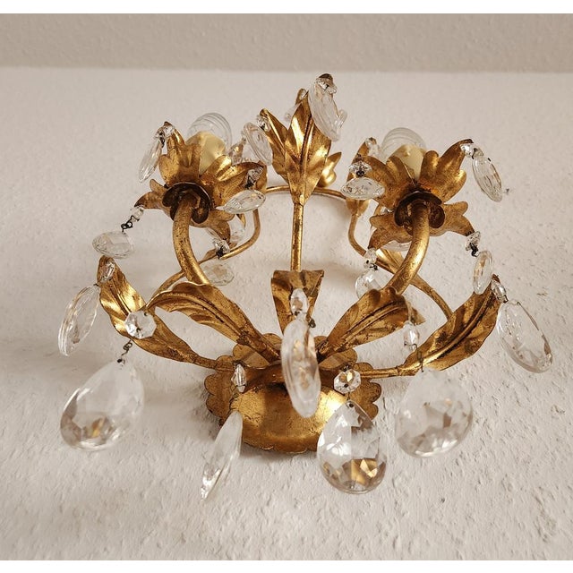 Hollywood Regency Hand-Forged Gold Leaf Gilded Floral 2-Light Wall Lamp with Crystals, 1950s For Sale - Image 6 of 18