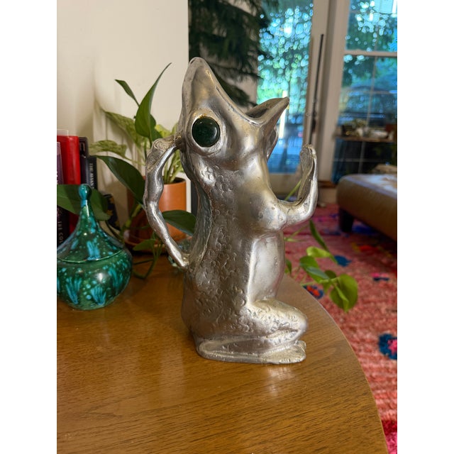 Stamped Authentic- Vintage 1979 Arthur Court Aluminum Frog Pitcher With Jade Green Eyes For Sale - Image 10 of 12