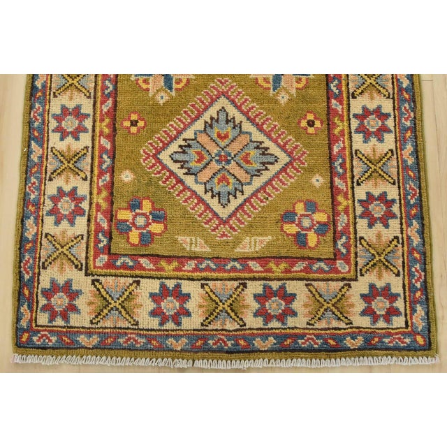 Kazak Runner 2’1” X 5’10” Green Wool Tribal Hand-Knotted Oriental Rug For Sale - Image 9 of 12