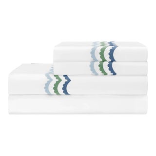 Celerie Kemble + Hamburg House Whimsical Blue & Green Scallop Queen Sheet Set - 4 Pieces For Sale