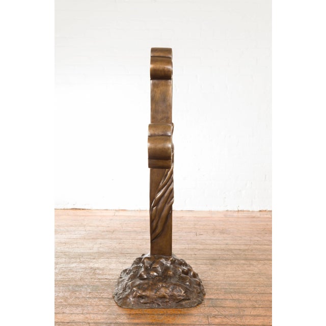 Bronze Contemporary Bronze Religious Cross with Trifold Extremities and Rocky Base For Sale - Image 8 of 12