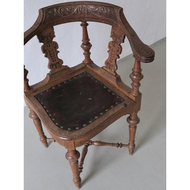Antique Carved Corner Chair with Leather Seat For Sale - Image 4 of 10