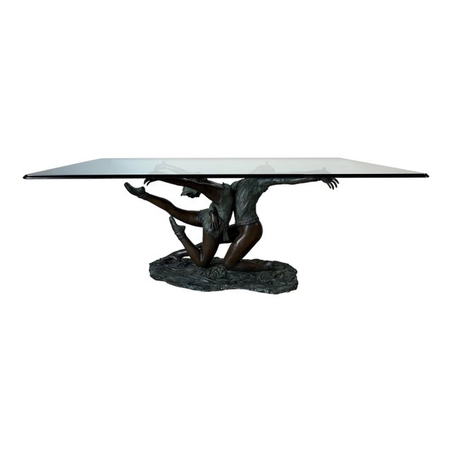 Vintage Léela Art Sculptural Bronze Ballet Dancers Dining Table Base With Beveled Glass Top For Sale