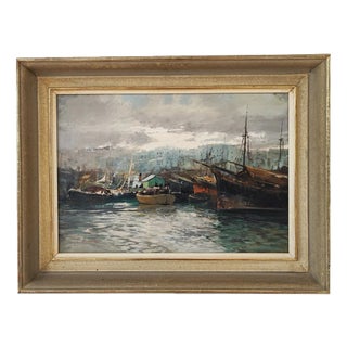 Ezelino Briante, Le Grand Port, Oil on Cardboard, 1960s, Framed For Sale