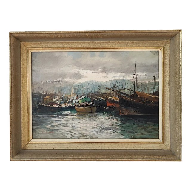 Ezelino Briante, Le Grand Port, Oil on Cardboard, 1960s, Framed For Sale