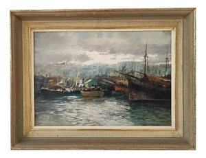Ezelino Briante, Le Grand Port, Oil on Cardboard, 1960s, Framed