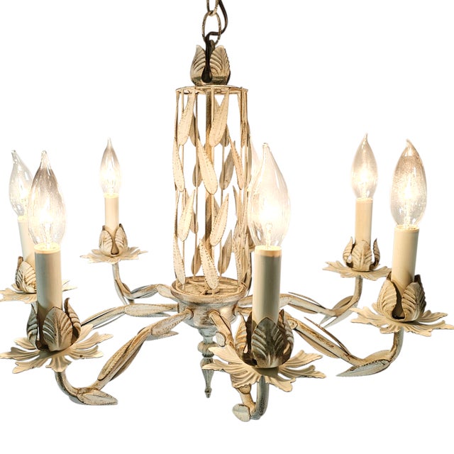 1970s Italian Tole 6-Arm Palm Leaf Chandelier in Painted White Metal, C. 1970s For Sale - Image 5 of 16