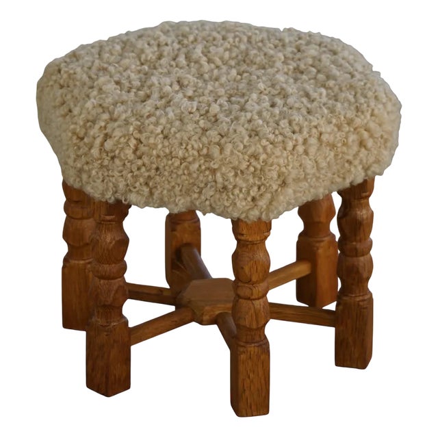 Mid-Century Modern Danish Hexagonal Oak Stool with Shearling Lambswool, 1950 For Sale