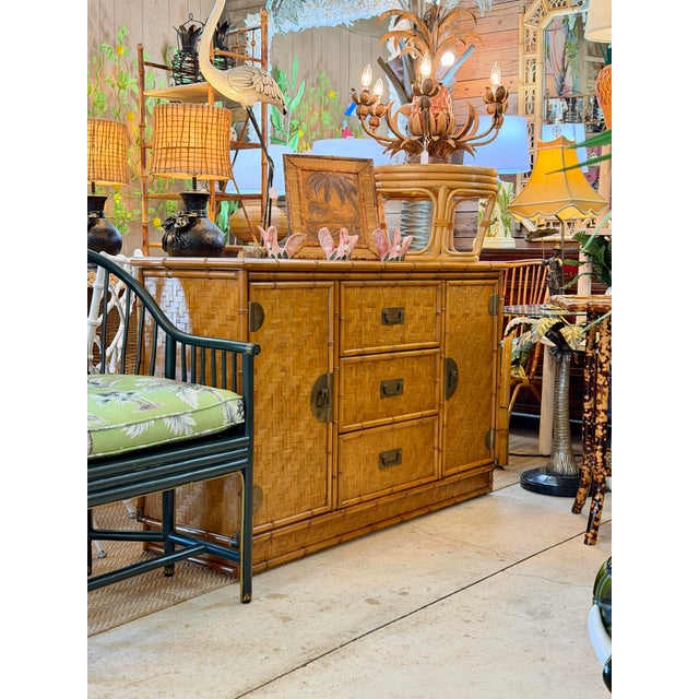 Vintage Boho Coastal Dixie Campaign Style Faux Bamboo Sideboard With Herringbone Panels For Sale - Image 12 of 12