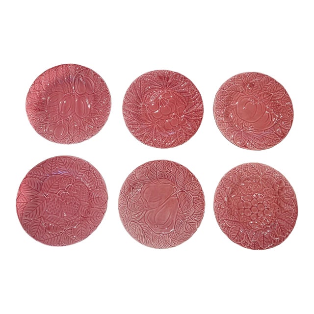 Vintage Set Bordallo Pinheiro Majolica Rose-Pink Plates Each One With Different Fruit - 6 Plates For Sale