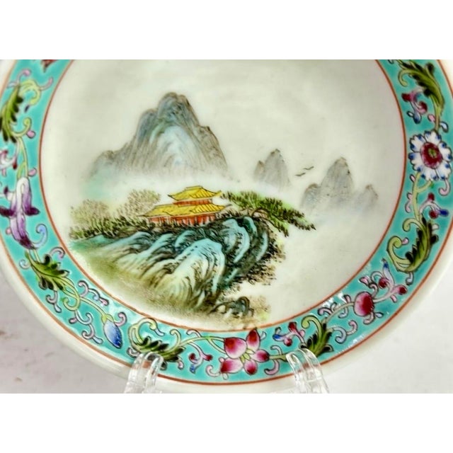 Paint Vintage Hand-Painted Chinese Famille Rose Landscape & Turquoise Enamel Dish Set - Pair For Sale - Image 7 of 8