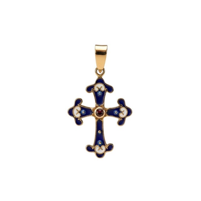 Vintage 14k Yellow Gold Blue Enamel Cross Pendant With Garnet Center & 16" Cable Chain For Sale - Image 4 of 9