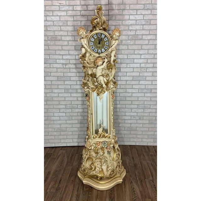 Shabby Chic Vintage Italian Rococo Carved and Painted Cherub/Angel Grandfathers Clock For Sale - Image 3 of 12