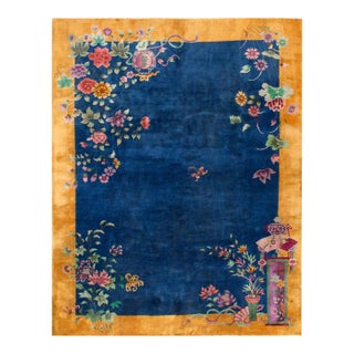 1920s Royal Blue Floral Antique Chinese Art Deco Rug 8'9" X 11'4" Handknotted Wool Carpet For Sale