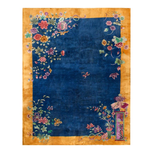 1920s Royal Blue Floral Antique Chinese Art Deco Rug 8'9" X 11'4" Handknotted Wool Carpet For Sale