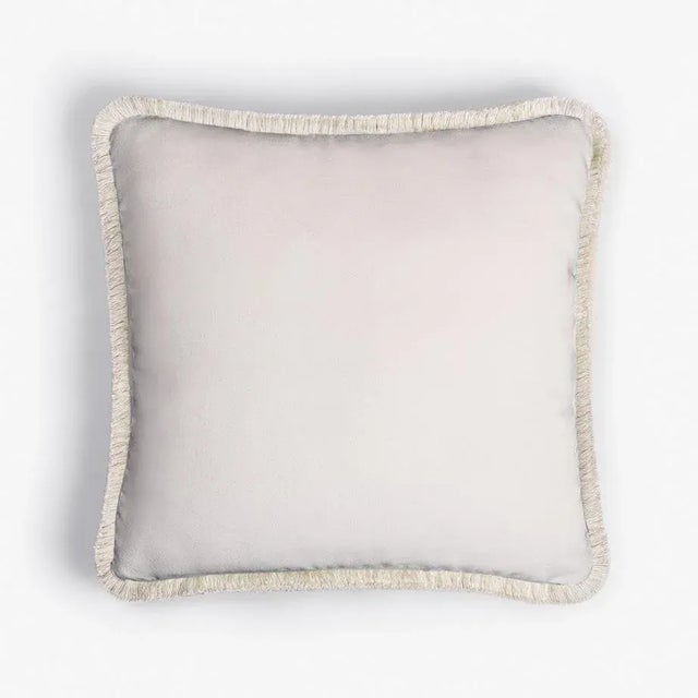 Contemporary Happy Pillow Soft Velvet Cushion with Fringe White-White by Lorenza Briola for Lo Decor For Sale - Image 3 of 3
