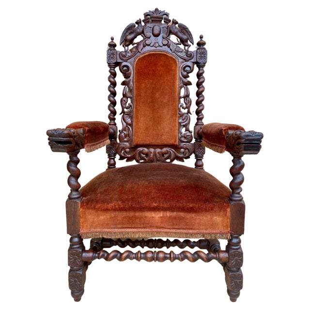 Brown 19th Century French Carved Walnut Throne Chair, 1890s For Sale - Image 8 of 18