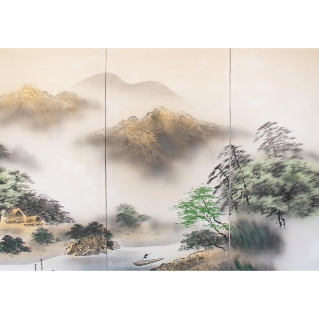 Large Showa Era Japanese Byobu Screen "Mountain Landscape With River" For Sale - Image 9 of 18