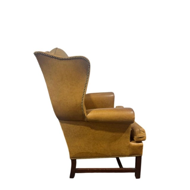 American Late 20th Century Pair Hancock & Moore Tufted Leather Wingback Chairs Camel For Sale - Image 3 of 9