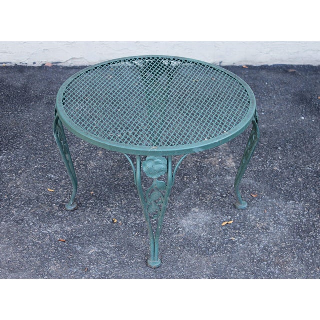 Wrought Iron Outdoor Round Mesh Top Patio Table With Floral Motif For Sale - Image 14 of 17